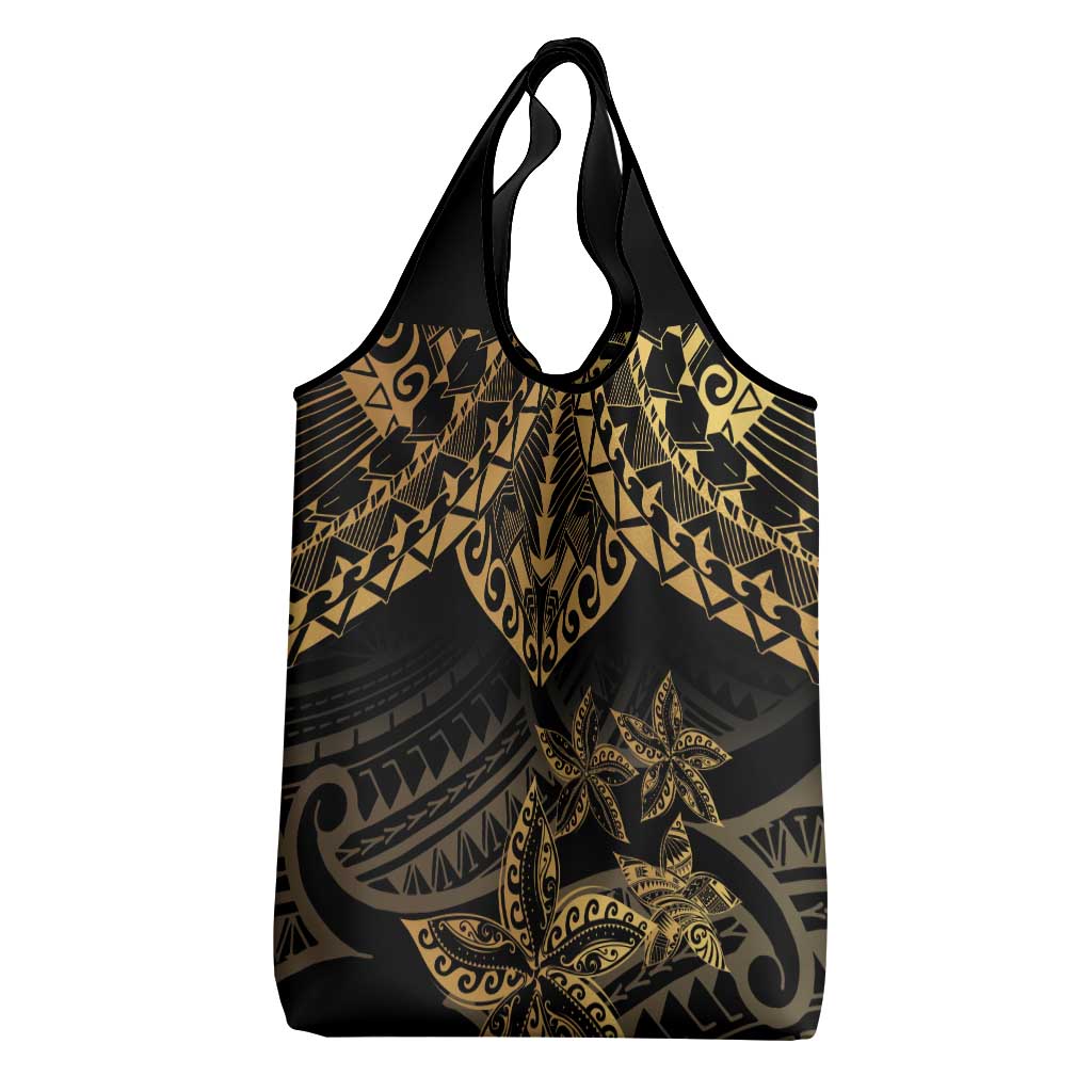 Black and Gold Polynesia Grocery Bag Plumeria Tattoo With Polynesian Pattern