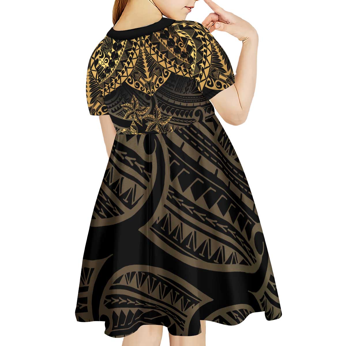 Black and Gold Polynesia Kid Short Sleeve Dress Plumeria Tattoo With Polynesian Pattern