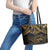 Black and Gold Polynesia Leather Tote Bag Plumeria Tattoo With Polynesian Pattern