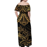 Black and Gold Polynesia Off Shoulder Maxi Dress Plumeria Tattoo With Polynesian Pattern