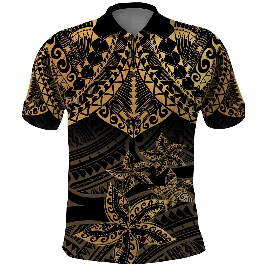 Black and Gold Polynesia Polo Shirt Plumeria Tattoo With Polynesian Pattern