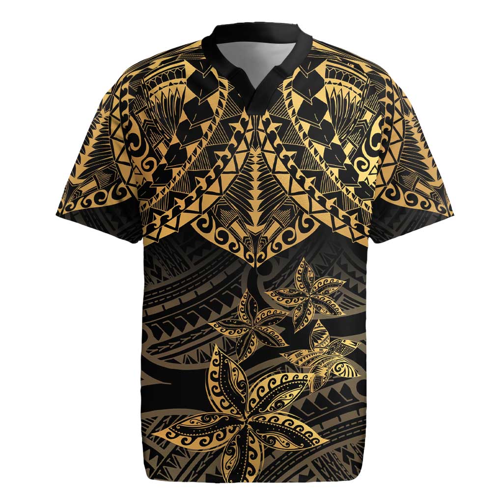 Black and Gold Polynesia Rugby Jersey Plumeria Tattoo With Polynesian Pattern