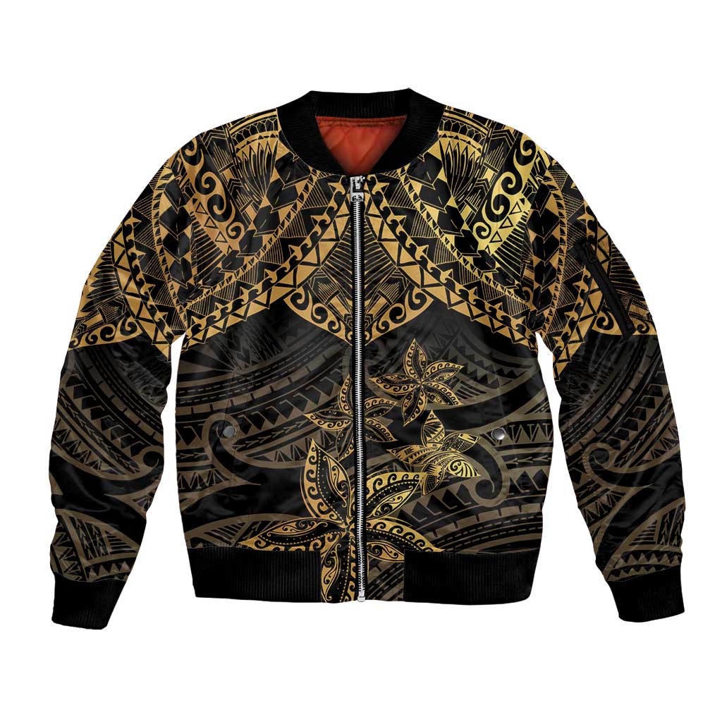 Black and Gold Polynesia Sleeve Zip Bomber Jacket Plumeria Tattoo With Polynesian Pattern