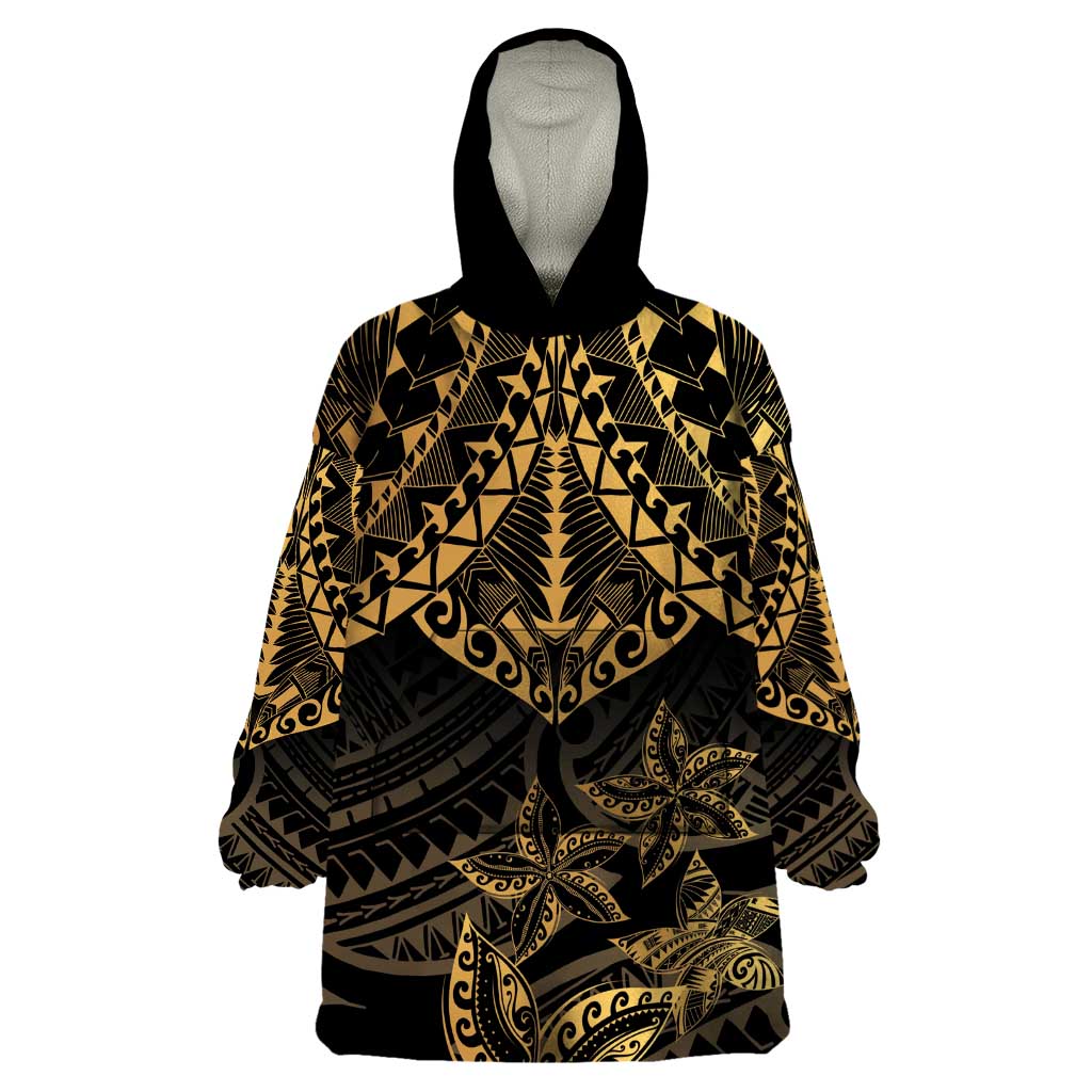 Black and Gold Polynesia Wearable Blanket Hoodie Plumeria Tattoo With Polynesian Pattern