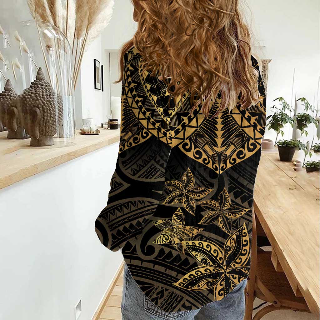 Black and Gold Polynesia Women Casual Shirt Plumeria Tattoo With Polynesian Pattern