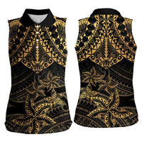 Black and Gold Polynesia Women Sleeveless Polo Shirt Plumeria Tattoo With Polynesian Pattern LT14 - Polynesian Pride