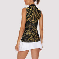Black and Gold Polynesia Women Sleeveless Polo Shirt Plumeria Tattoo With Polynesian Pattern LT14 - Polynesian Pride