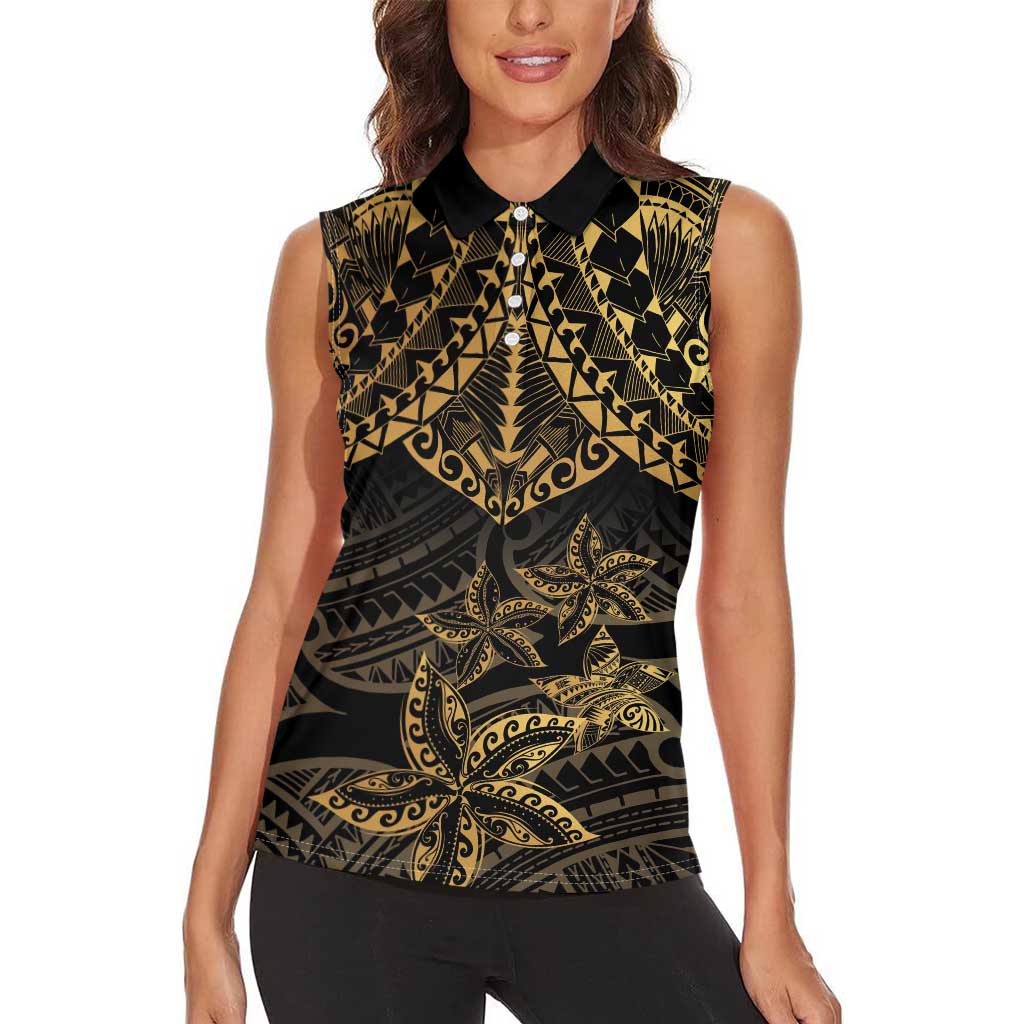 Black and Gold Polynesia Women Sleeveless Polo Shirt Plumeria Tattoo With Polynesian Pattern LT14 - Polynesian Pride