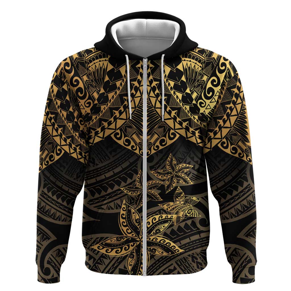 Black and Gold Polynesia Zip Hoodie Plumeria Tattoo With Polynesian Pattern LT14 Zip Hoodie Black - Polynesian Pride