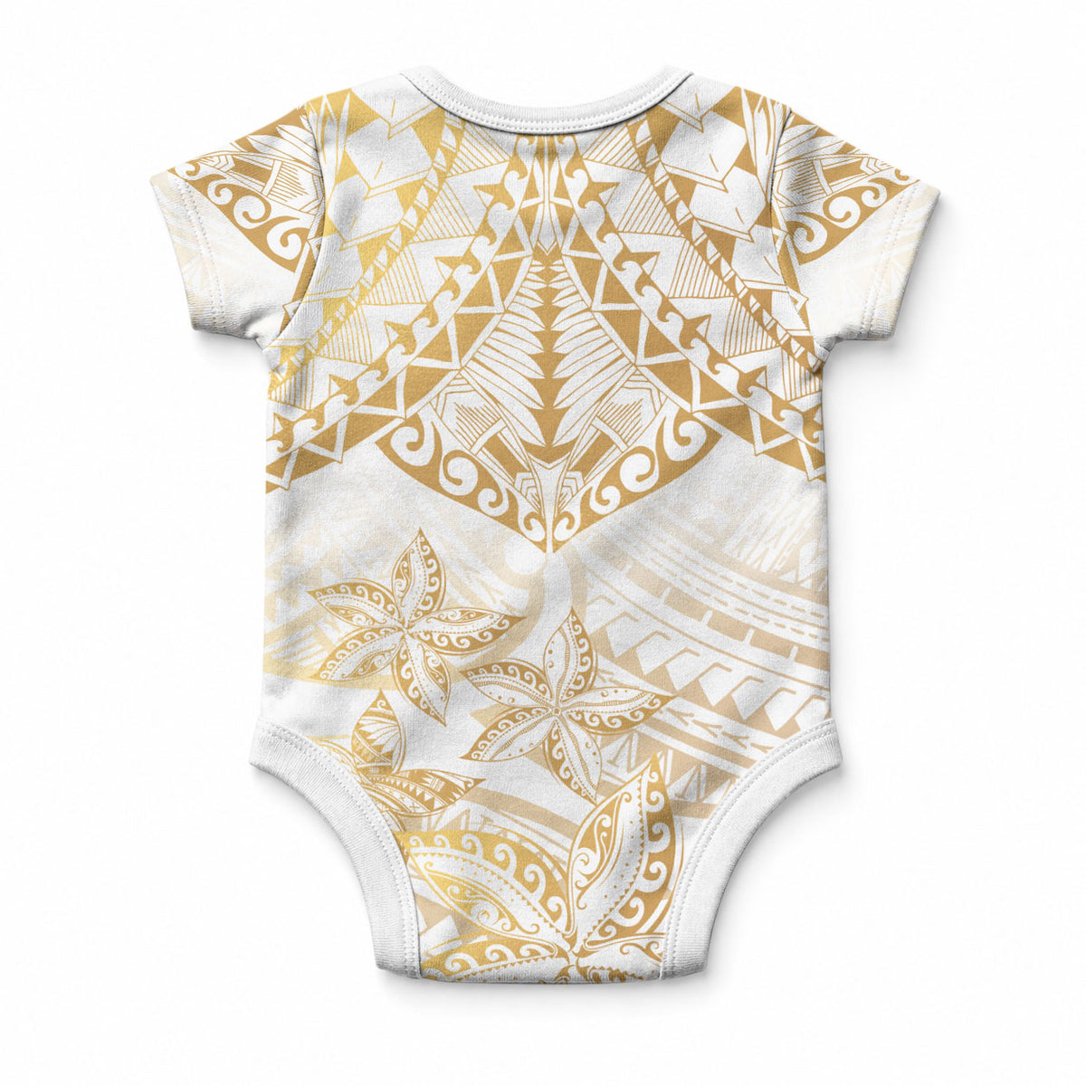 White and Gold Polynesia Baby Onesie Plumeria Tattoo With Polynesian Pattern