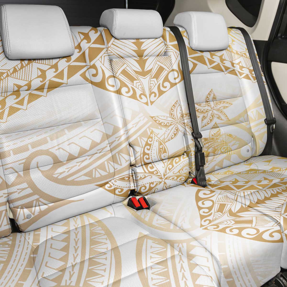 White and Gold Polynesia Back Car Seat Cover Plumeria Tattoo With Polynesian Pattern