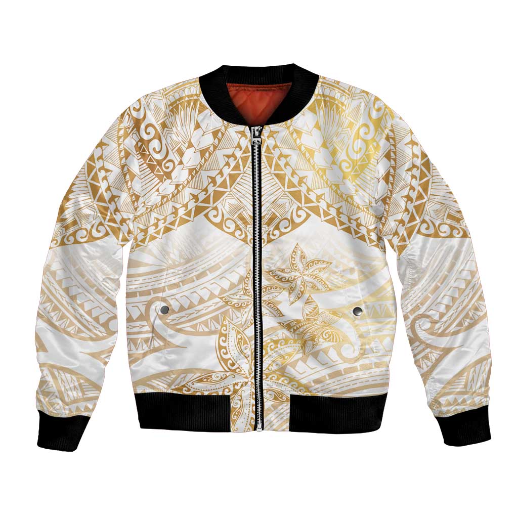 White and Gold Polynesia Bomber Jacket Plumeria Tattoo With Polynesian Pattern LT14 Unisex White - Polynesian Pride