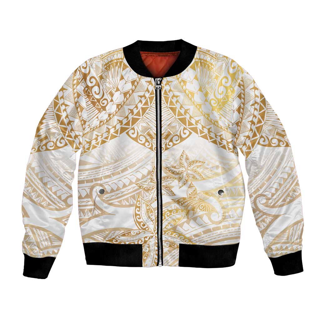 White and Gold Polynesia Bomber Jacket Plumeria Tattoo With Polynesian Pattern