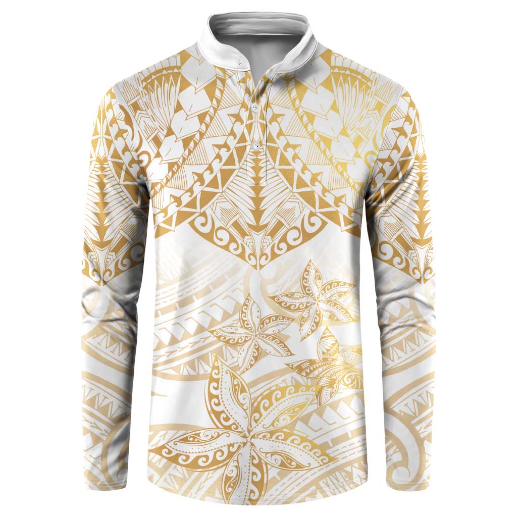 White and Gold Polynesia Button Sweatshirt Plumeria Tattoo With Polynesian Pattern
