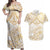 White and Gold Polynesia Couples Matching Off Shoulder Maxi Dress and Hawaiian Shirt Plumeria Tattoo With Polynesian Pattern