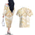 White and Gold Polynesia Couples Matching Off The Shoulder Long Sleeve Dress and Hawaiian Shirt Plumeria Tattoo With Polynesian Pattern