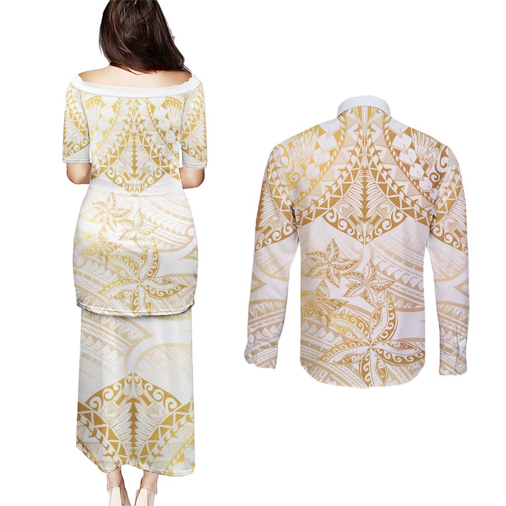 White and Gold Polynesia Couples Matching Puletasi and Long Sleeve Button Shirt Plumeria Tattoo With Polynesian Pattern