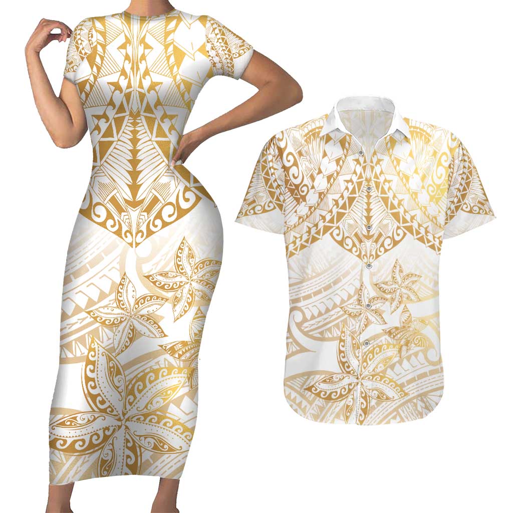 White and Gold Polynesia Couples Matching Short Sleeve Bodycon Dress and Hawaiian Shirt Plumeria Tattoo With Polynesian Pattern