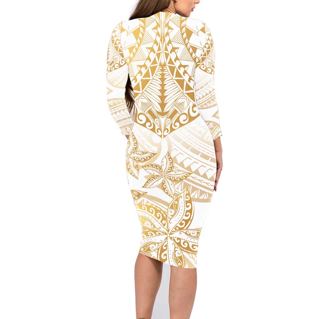 White and Gold Polynesia Family Matching Long Sleeve Bodycon Dress and Hawaiian Shirt Plumeria Tattoo With Polynesian Pattern LT14 - Polynesian Pride