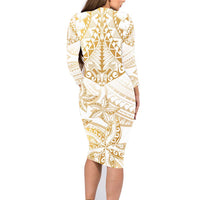 White and Gold Polynesia Family Matching Long Sleeve Bodycon Dress and Hawaiian Shirt Plumeria Tattoo With Polynesian Pattern LT14 - Polynesian Pride