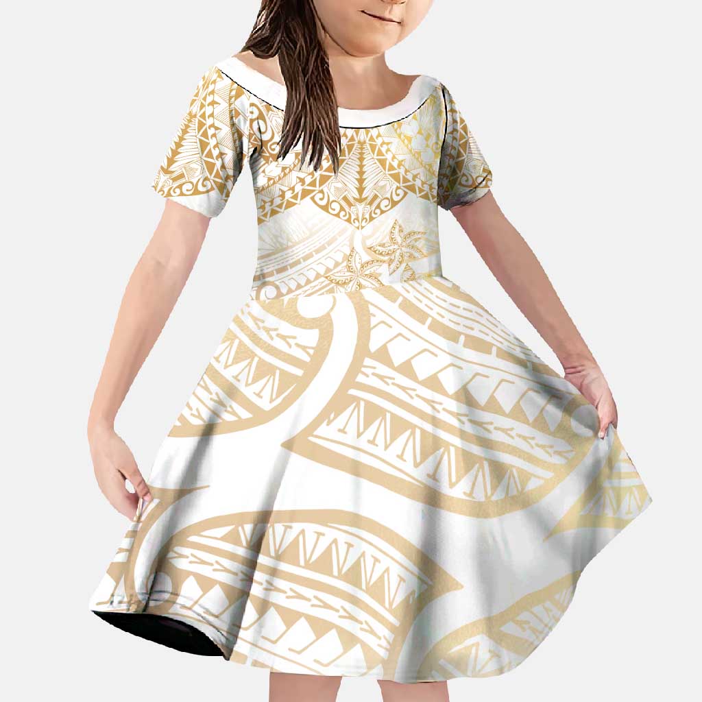 White and Gold Polynesia Family Matching Short Sleeve Bodycon Dress and Hawaiian Shirt Plumeria Tattoo With Polynesian Pattern LT14 Daughter's Dress White - Polynesian Pride