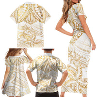 White and Gold Polynesia Family Matching Short Sleeve Bodycon Dress and Hawaiian Shirt Plumeria Tattoo With Polynesian Pattern LT14 - Polynesian Pride