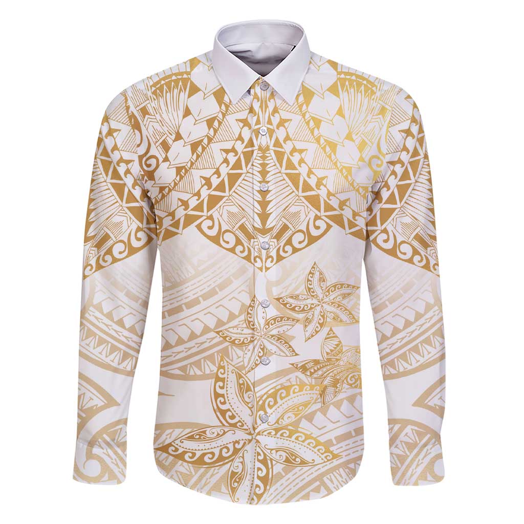 White and Gold Polynesia Family Matching Short Sleeve Bodycon Dress and Hawaiian Shirt Plumeria Tattoo With Polynesian Pattern LT14 Dad's Shirt - Long Sleeve White - Polynesian Pride