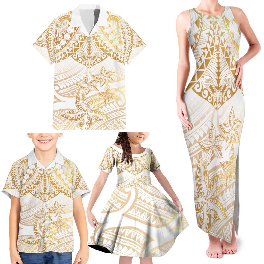 White and Gold Polynesia Family Matching Tank Maxi Dress and Hawaiian Shirt Plumeria Tattoo With Polynesian Pattern