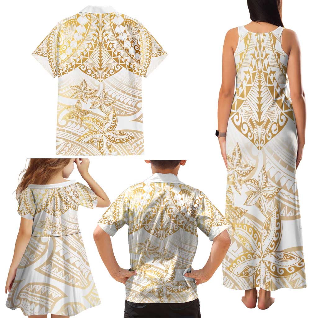 White and Gold Polynesia Family Matching Tank Maxi Dress and Hawaiian Shirt Plumeria Tattoo With Polynesian Pattern