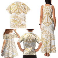 White and Gold Polynesia Family Matching Tank Maxi Dress and Hawaiian Shirt Plumeria Tattoo With Polynesian Pattern