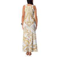 White and Gold Polynesia Family Matching Tank Maxi Dress and Hawaiian Shirt Plumeria Tattoo With Polynesian Pattern