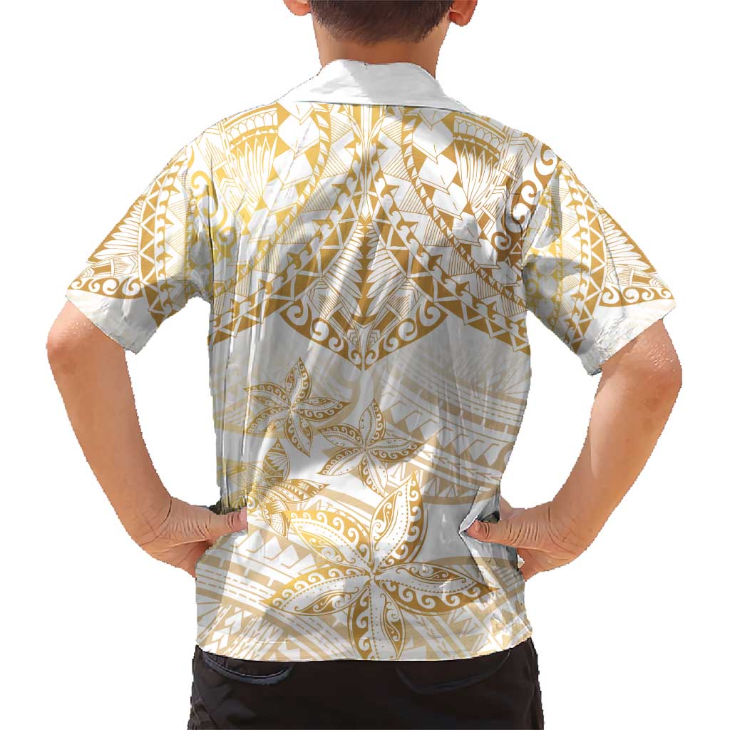 White and Gold Polynesia Kid Hawaiian Shirt Plumeria Tattoo With Polynesian Pattern