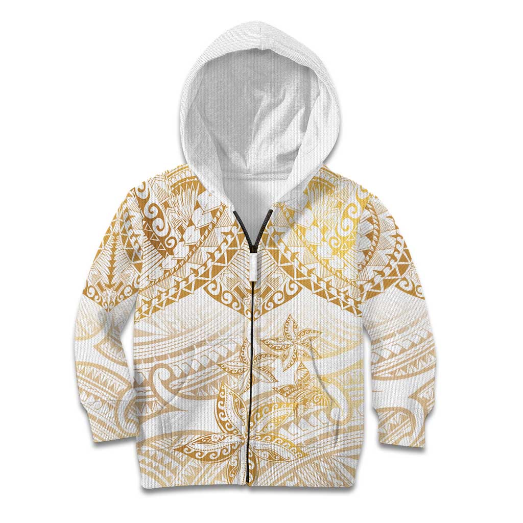 White and Gold Polynesia Kid Hoodie Plumeria Tattoo With Polynesian Pattern