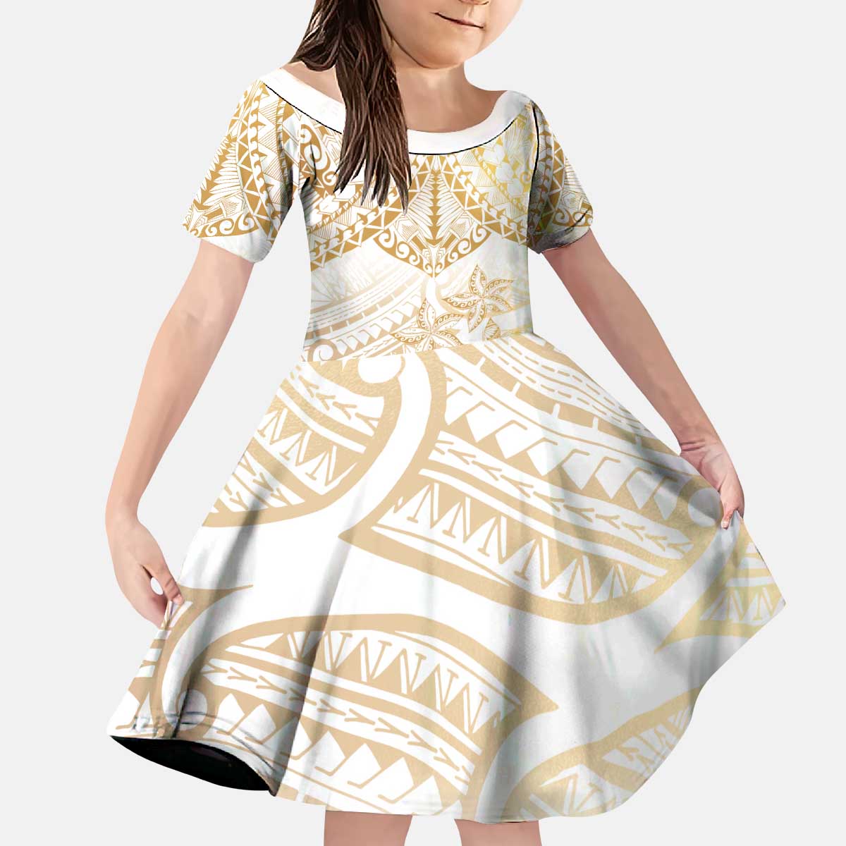 White and Gold Polynesia Kid Short Sleeve Dress Plumeria Tattoo With Polynesian Pattern