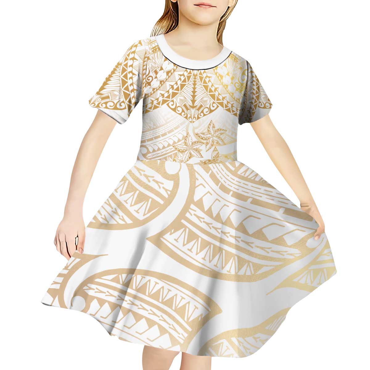 White and Gold Polynesia Kid Short Sleeve Dress Plumeria Tattoo With Polynesian Pattern