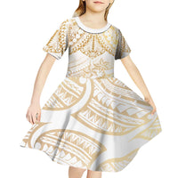 White and Gold Polynesia Kid Short Sleeve Dress Plumeria Tattoo With Polynesian Pattern
