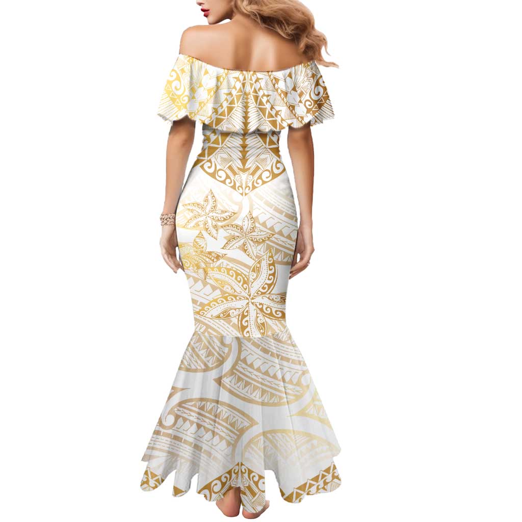 White and Gold Polynesia Mermaid Dress Plumeria Tattoo With Polynesian Pattern