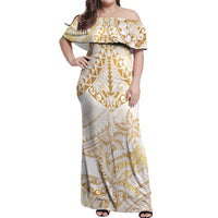 White and Gold Polynesia Off Shoulder Maxi Dress Plumeria Tattoo With Polynesian Pattern