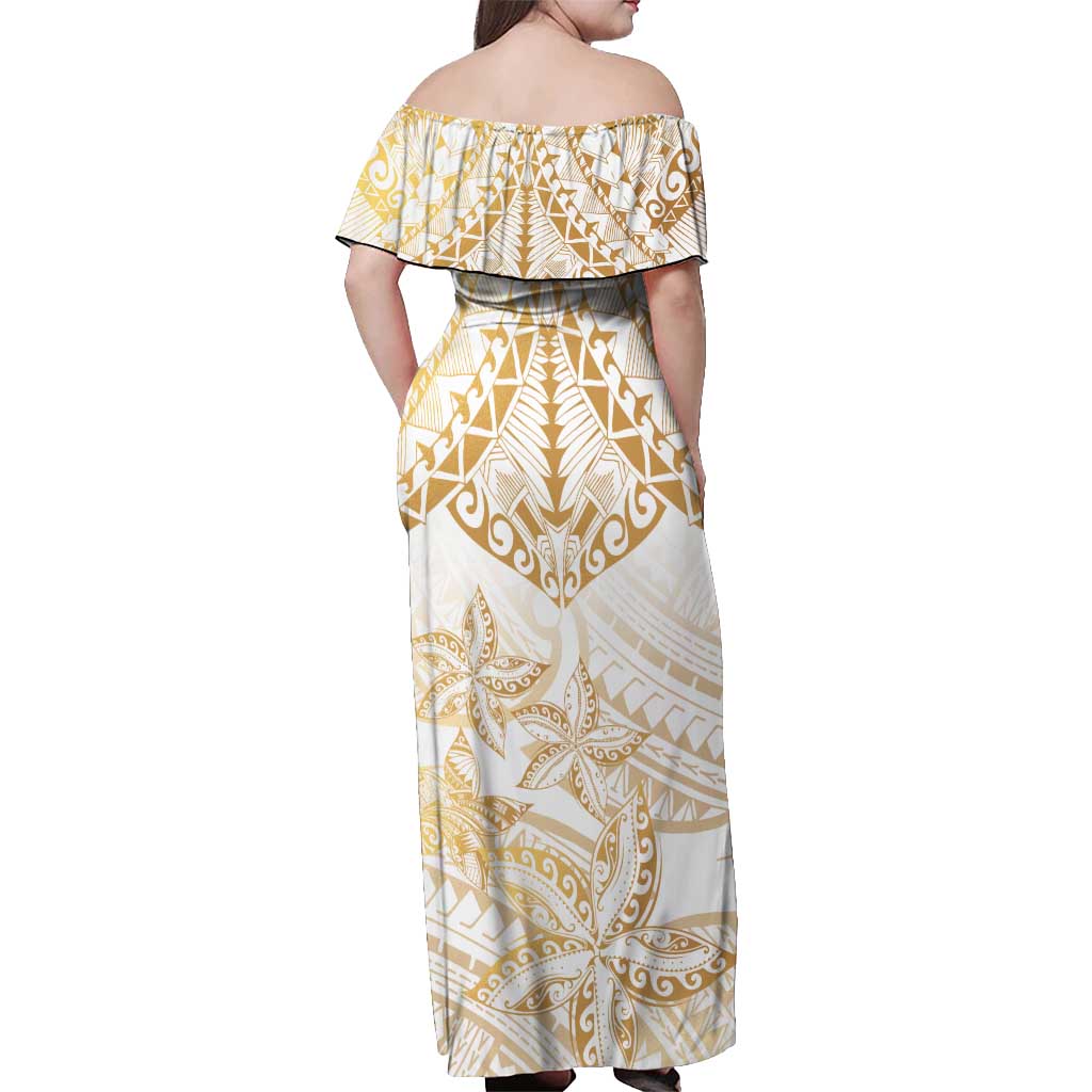 White and Gold Polynesia Off Shoulder Maxi Dress Plumeria Tattoo With Polynesian Pattern