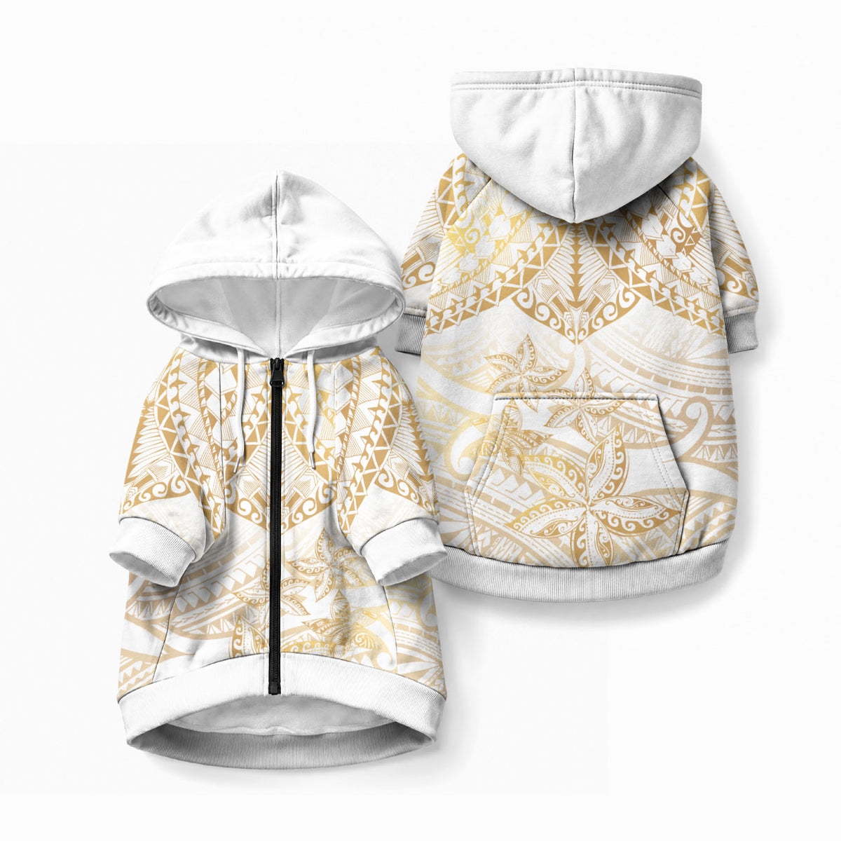 White and Gold Polynesia Pet Hoodie Plumeria Tattoo With Polynesian Pattern LT14 Zip-up White - Polynesian Pride