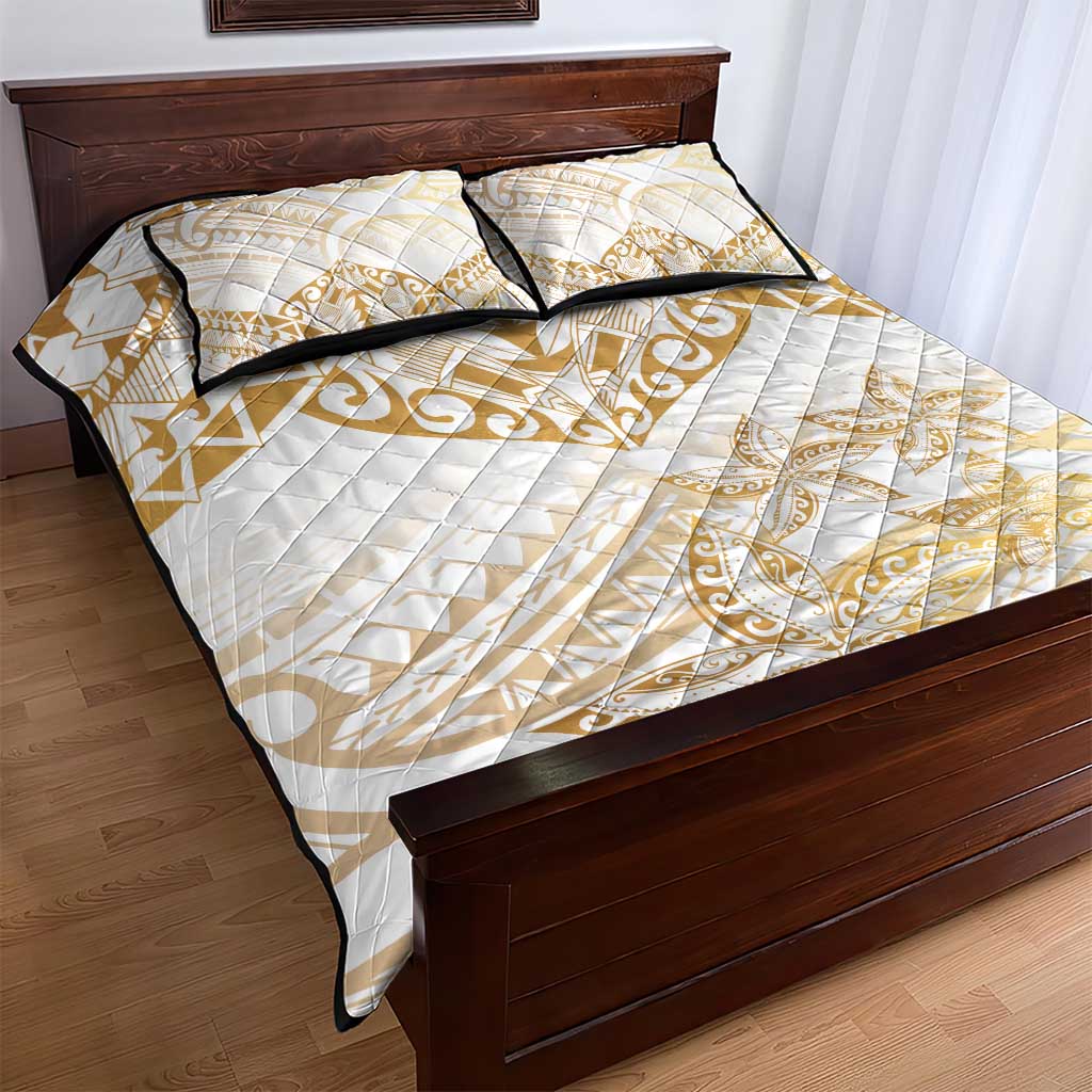 White and Gold Polynesia Quilt Bed Set Plumeria Tattoo With Polynesian Pattern