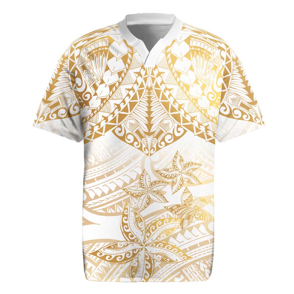 White and Gold Polynesia Rugby Jersey Plumeria Tattoo With Polynesian Pattern