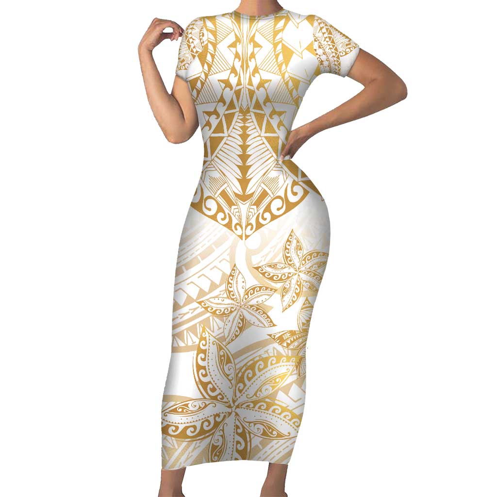 White and Gold Polynesia Short Sleeve Bodycon Dress Plumeria Tattoo With Polynesian Pattern LT14 Long Dress White - Polynesian Pride