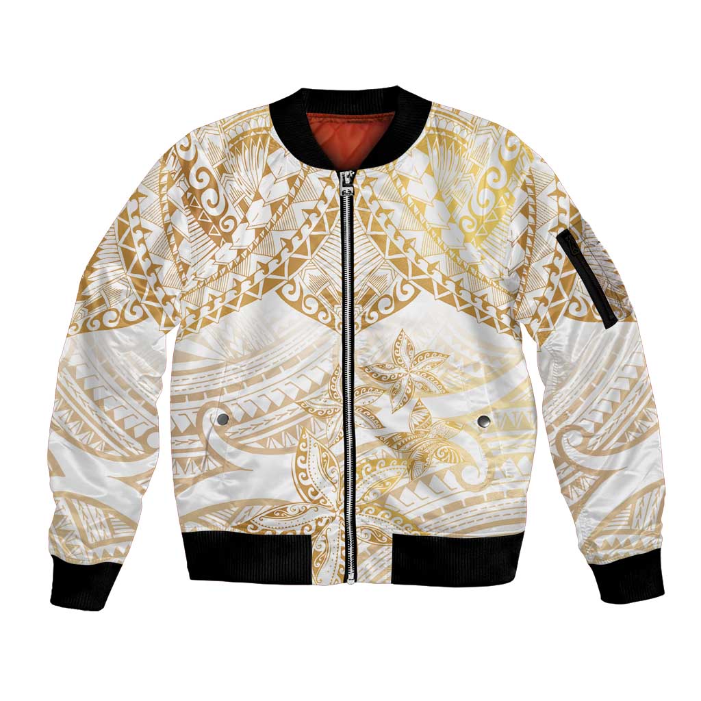 White and Gold Polynesia Sleeve Zip Bomber Jacket Plumeria Tattoo With Polynesian Pattern