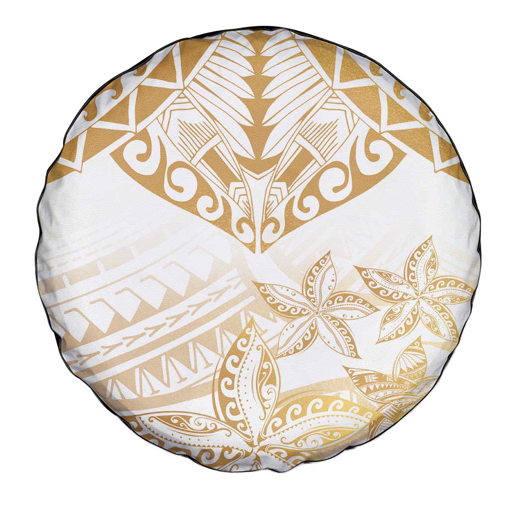 White and Gold Polynesia Spare Tire Cover Plumeria Tattoo With Polynesian Pattern