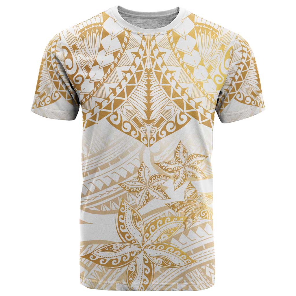 White and Gold Polynesia T Shirt Plumeria Tattoo With Polynesian Pattern