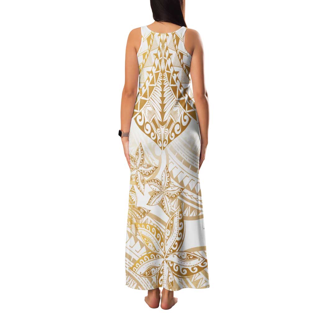 White and Gold Polynesia Tank Maxi Dress Plumeria Tattoo With Polynesian Pattern