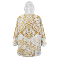 White and Gold Polynesia Wearable Blanket Hoodie Plumeria Tattoo With Polynesian Pattern