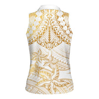 White and Gold Polynesia Women Sleeveless Polo Shirt Plumeria Tattoo With Polynesian Pattern LT14 - Polynesian Pride