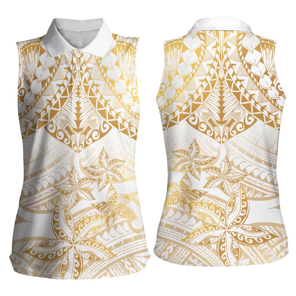 White and Gold Polynesia Women Sleeveless Polo Shirt Plumeria Tattoo With Polynesian Pattern LT14 - Polynesian Pride